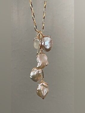 Peach Keshi Pearl and Sea Glass 14K Gold Filled Necklace